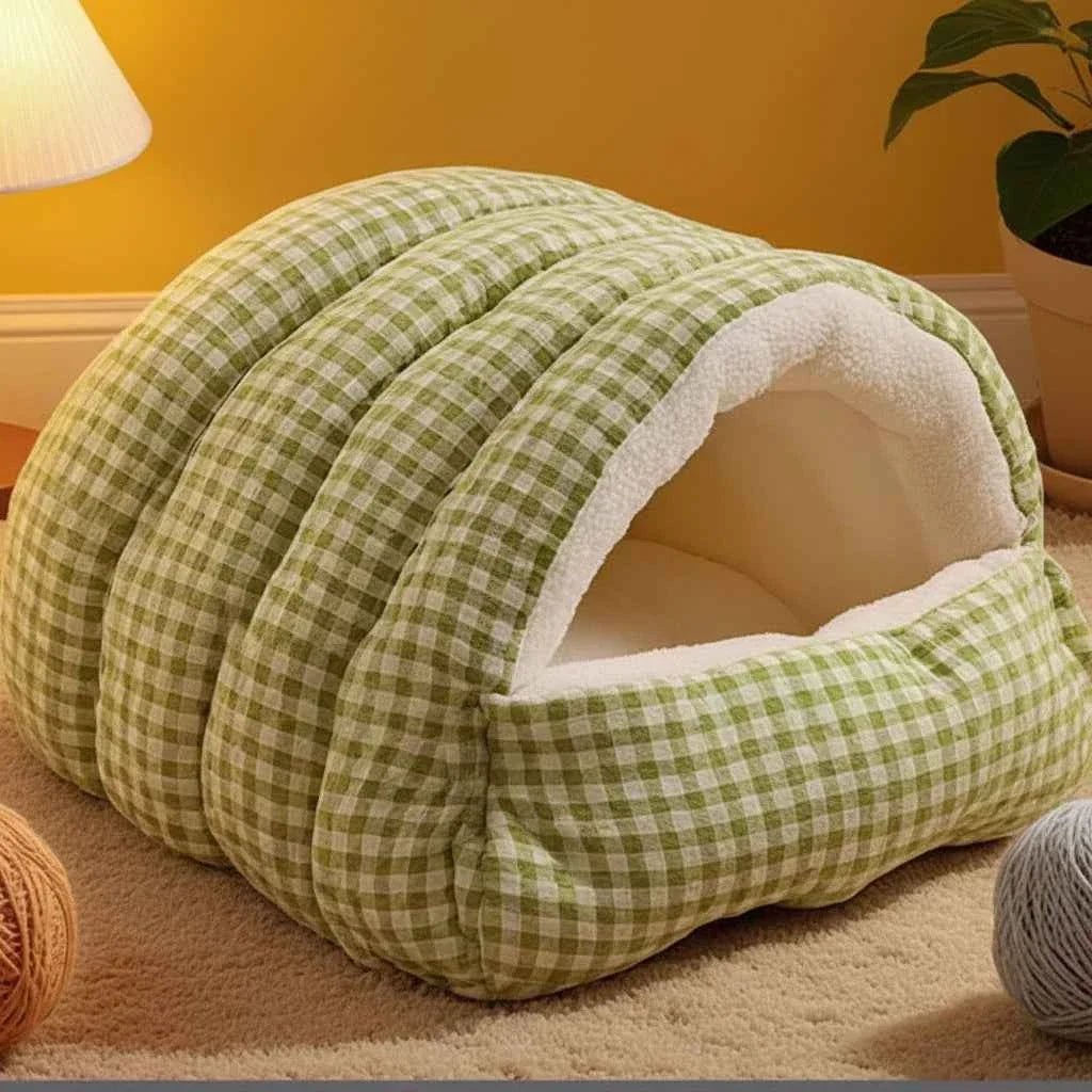 Thermal plush pet cave bed for cats and small dogs
