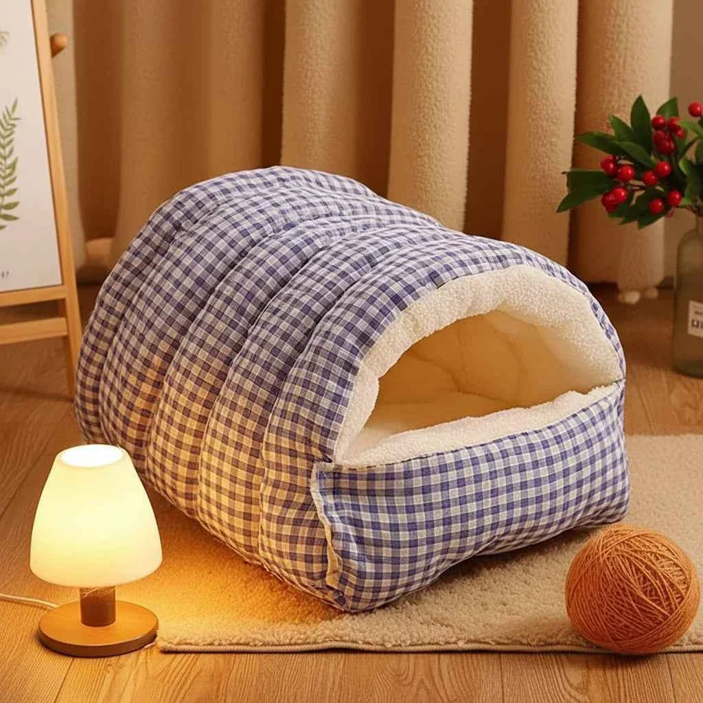 Thermal Plush Pet Cave Bed – Enclosed Sleeping Bag for Cats & Small Dogs