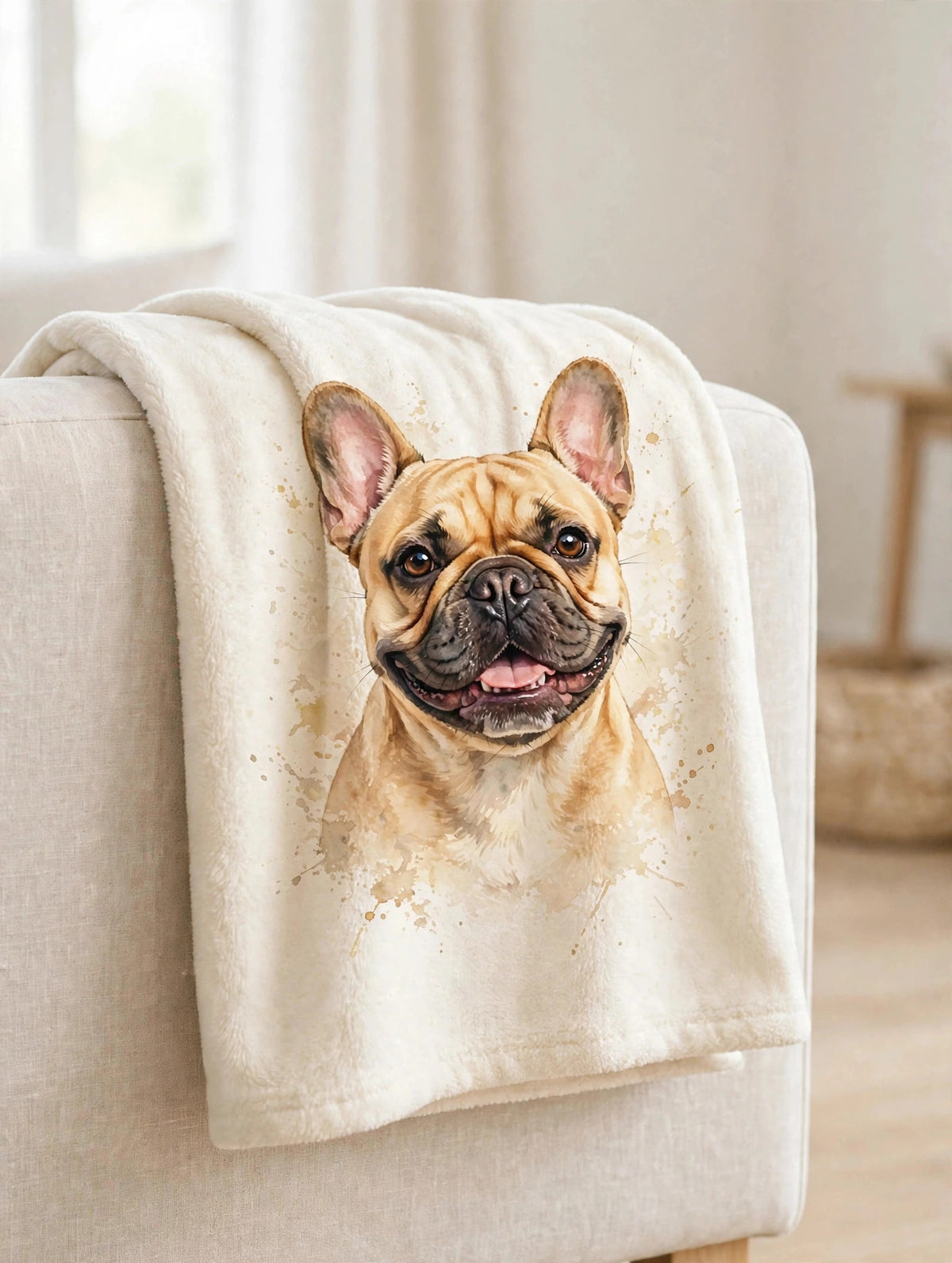 Custom watercolor French Bulldog pet portrait blanket