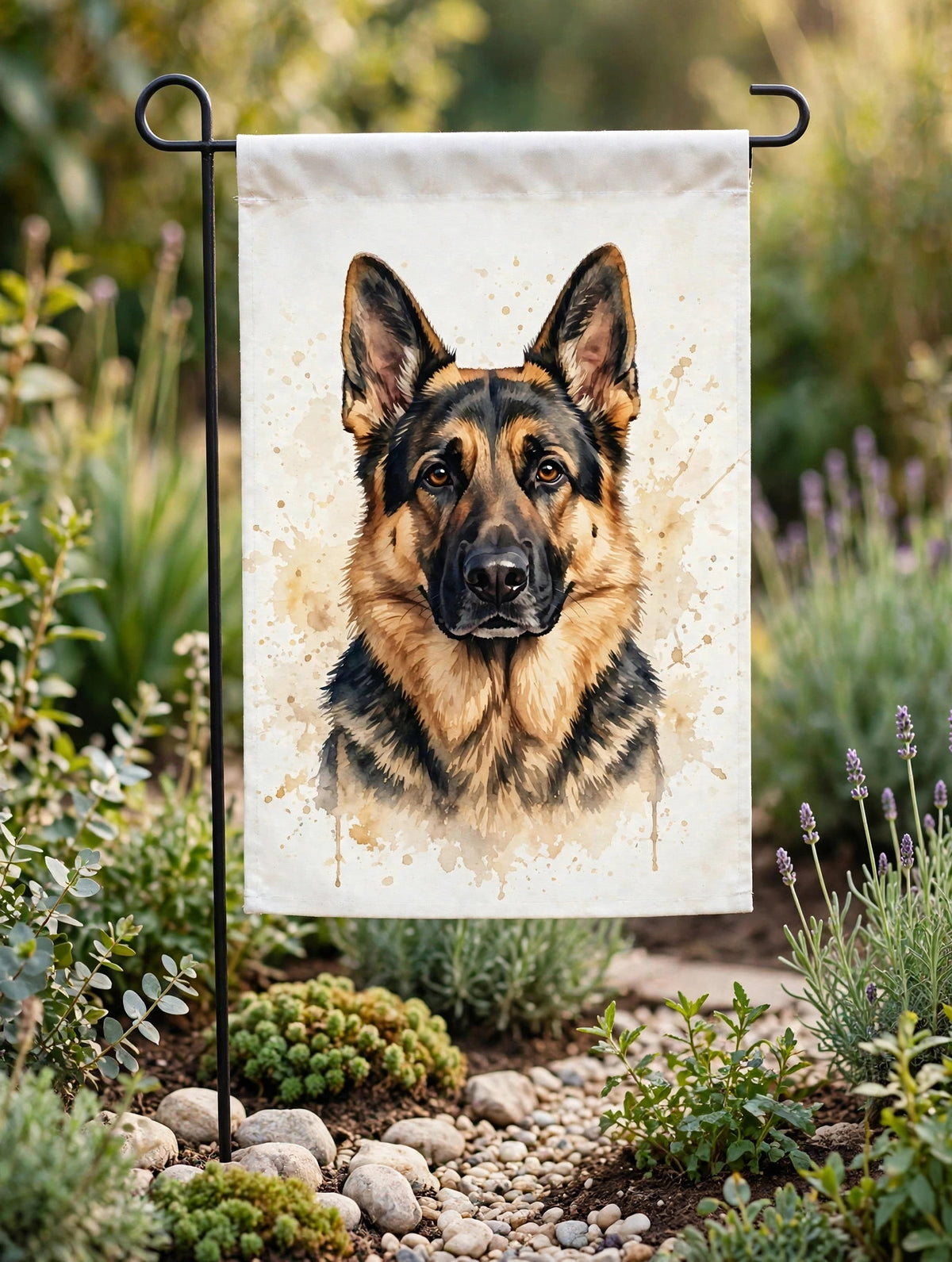 Custom watercolor German Shepherd pet portrait garden flag