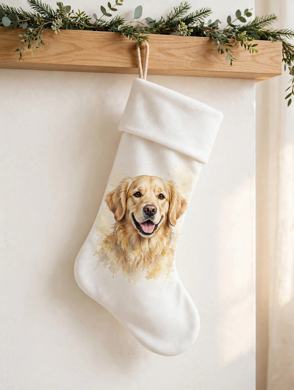 Custom watercolor pet portrait Christmas stocking