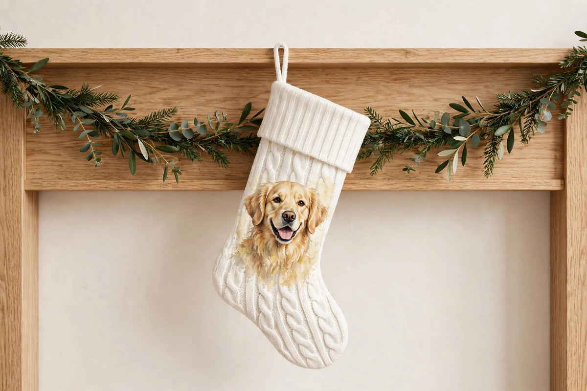 Custom watercolor pet portrait Christmas stocking, view 2