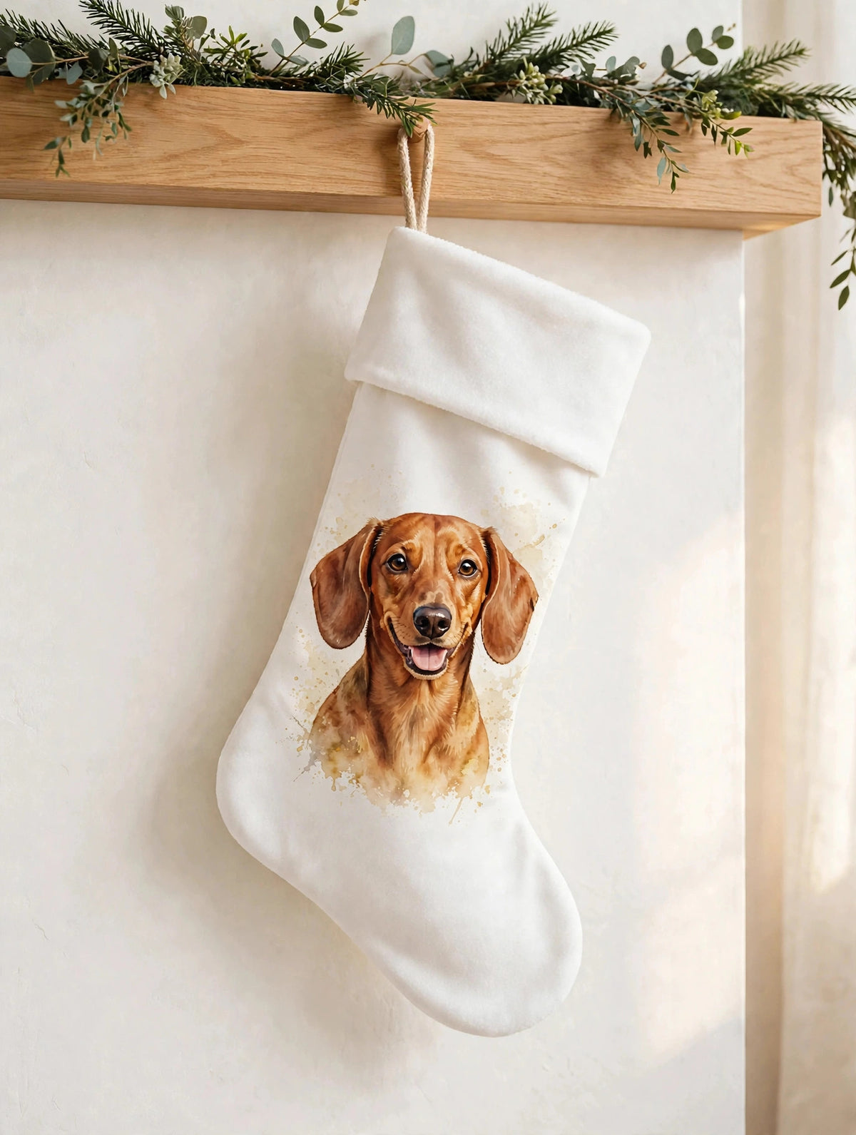 Custom watercolor Dachshund pet portrait Christmas stocking