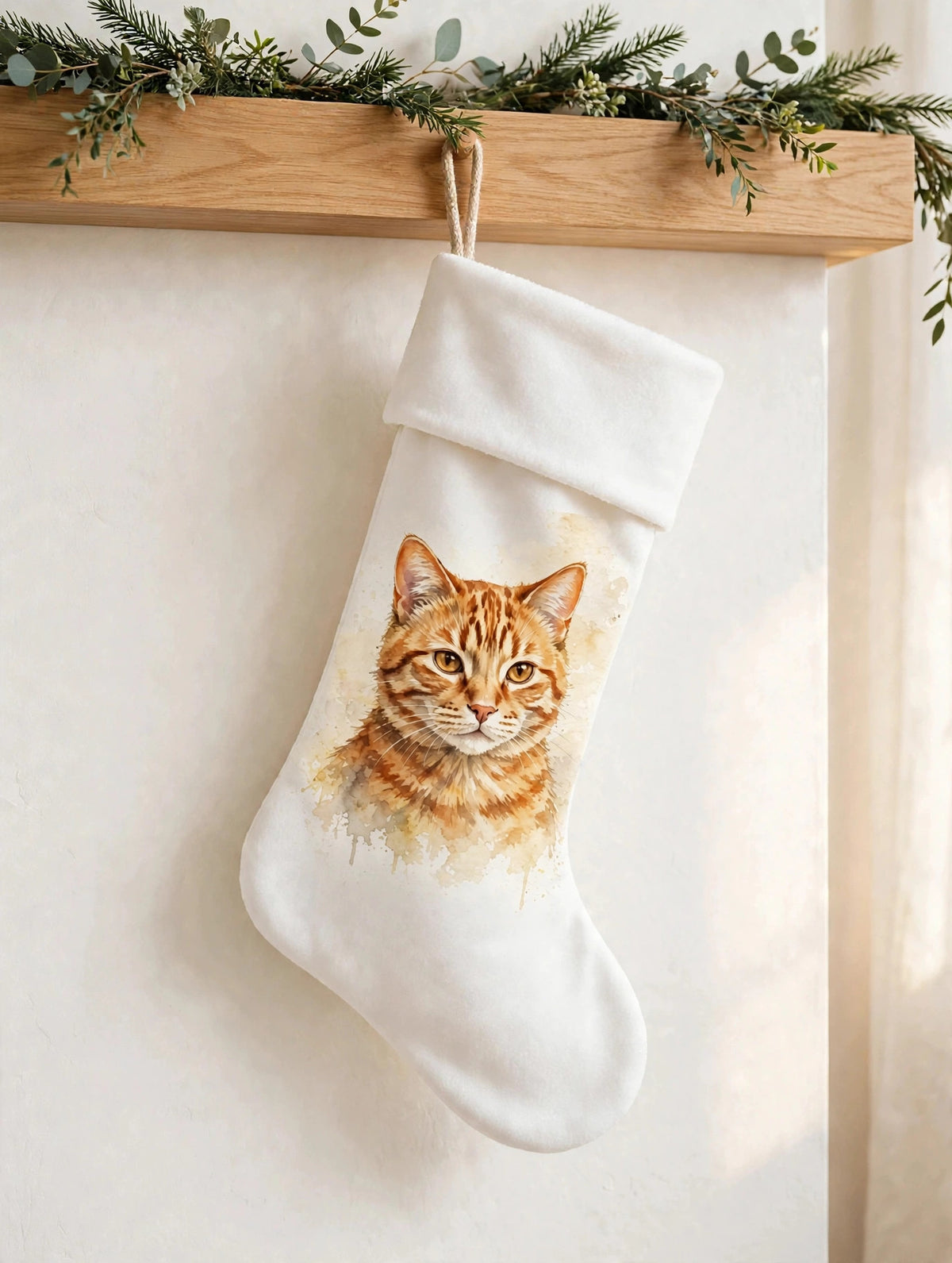 Custom watercolor cat pet portrait Christmas stocking