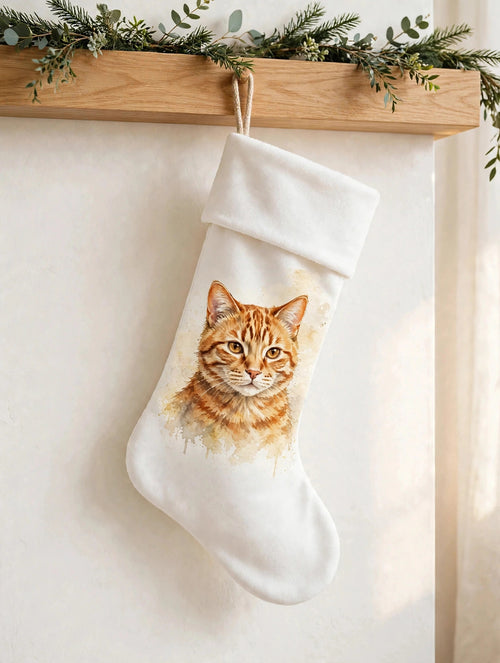 Custom watercolor cat pet portrait Christmas stocking