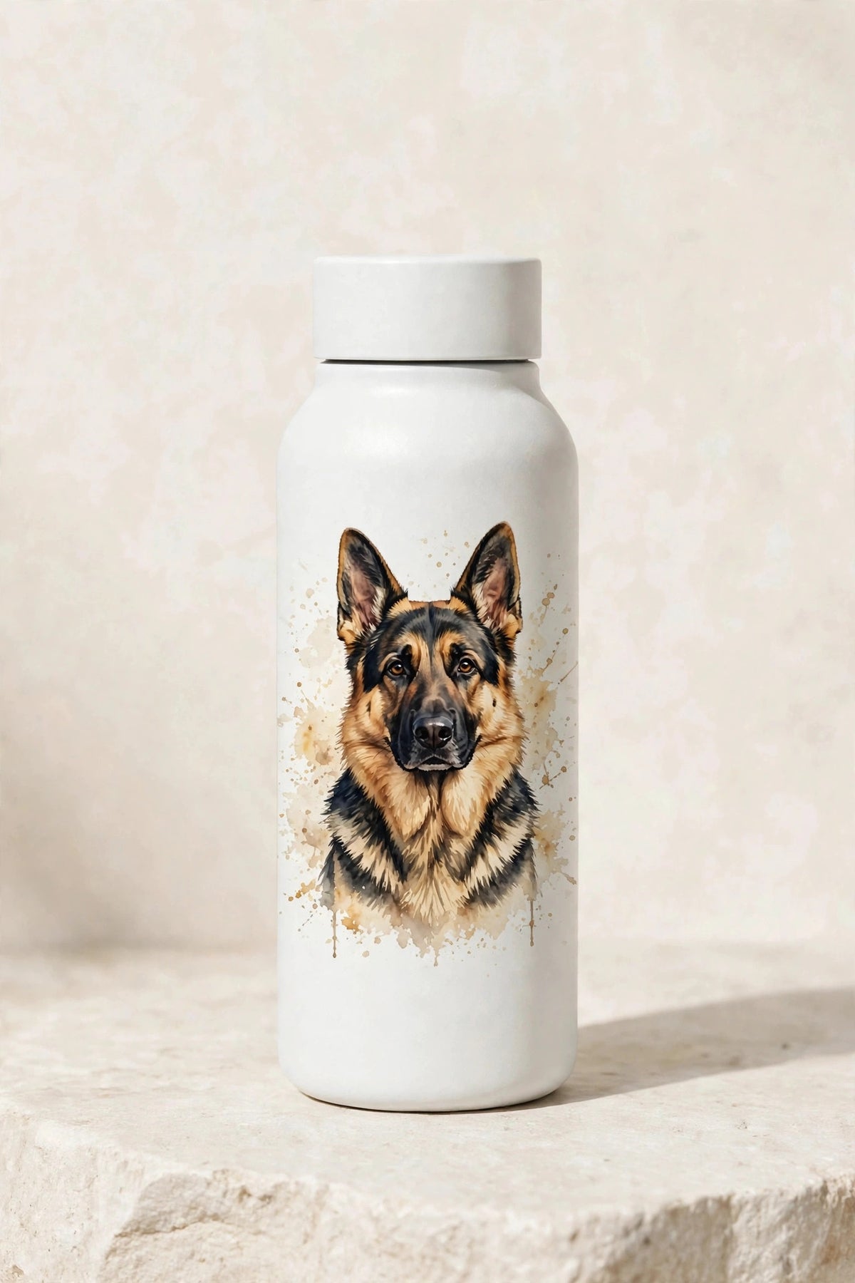 Custom watercolor German Shepherd pet portrait water bottle